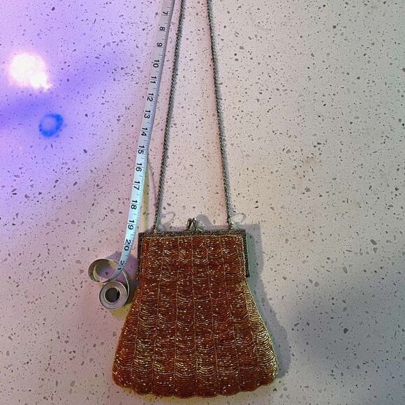 Vintage Beaded Evening Bag Gold Bronze Glass Beads Chain Strap - Picture 6 of 8